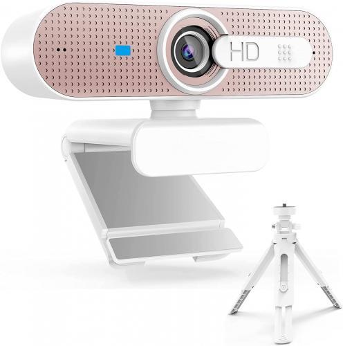 Jelly Comb 1080P HD Webcam mit Objektivdeckel+Stativ (Rosa-Weiß)